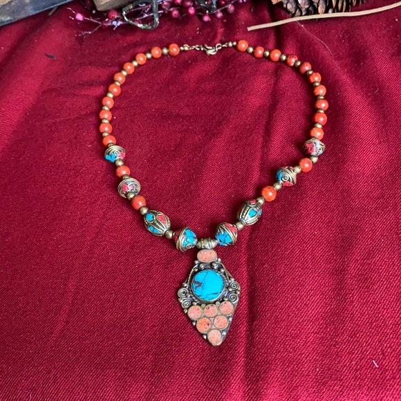 . Vintage Brass Pendent Necklace - Carnelian and Turquoise Beaded Necklace - Picture 3 of 7